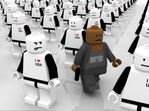 一個孤獨的MIB特工在穿著USA襯衫的相同LEGO人物中行走。