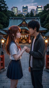 年輕動漫風格情侶在黃昏時分於日本神社牽手，背景有城市燈光