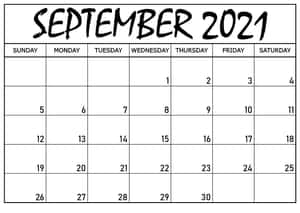 2021年9月日曆，帶有粗體手寫標題和網格佈局。