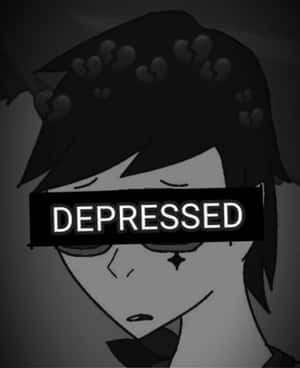 動漫角色，頭髮上有破碎的心形，眼睛上有「DEPRESSED」文字。