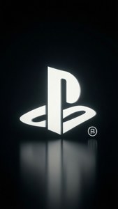 發光白色PlayStation標誌在反光黑色表面上
