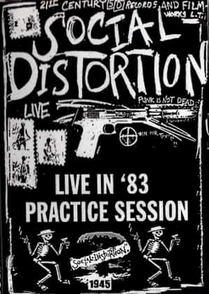 Social Distortion 1983 年練習環節的黑白龐克音樂會海報，帶有跳舞的骷髏和步槍。 — 黑白 壁紙