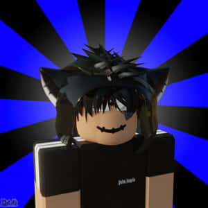 Roblox角色，有貓耳和尖刺頭髮，背景為藍色和黑色放射狀