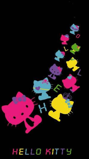 彩色Hello Kitty角色在黑色背景上對角線落下，下方有文字。