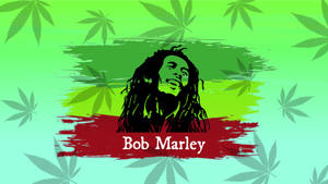 Bob Marley肖像，背景有綠色、紅色和青綠色的大麻葉。