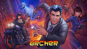 Archer 卡通角色在高速城市動作場景中，伴有爆炸和電單車追逐。