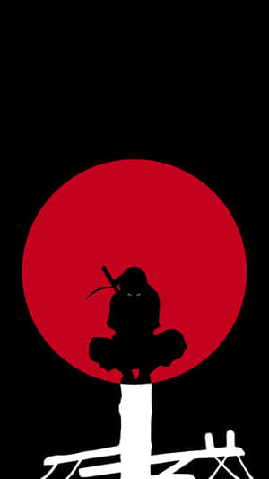 黑色武士剪影坐在白色基座上，背景為紅色圓形。