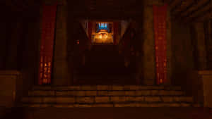石階向上延伸，進入一個昏暗的寺廟，寺廟內有發光的紅色橫幅和遠處的祭壇燈光。