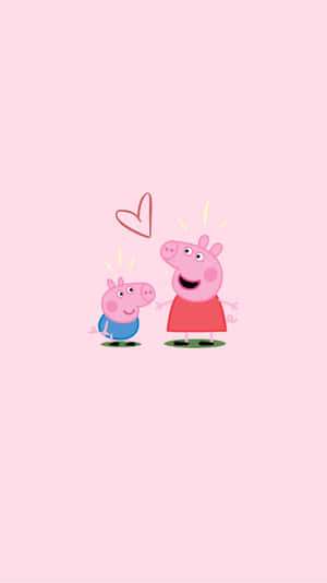 Peppa Pig 和 George Pig 微笑，佢哋上面有個心形，背景係粉紅色。