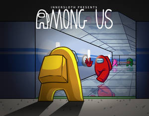 Among Us 遊戲場景：黃色船員、揮手的紅色船員，以及太空船走廊中的綠色冒充者。