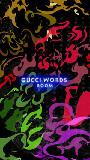 霓虹色抽象漩渦，帶有發光文字 Gucci Words Room。