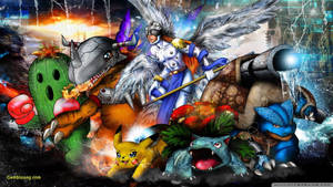 Pokémon 和 Digimon 角色在閃電和火焰的暴風雨城市景觀中戰鬥。