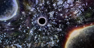 黑洞被發光的水晶和行星包圍在深空中。 — 夜空 壁紙