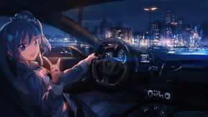 動漫女孩在夜間駕駛汽車穿過發光的城市。