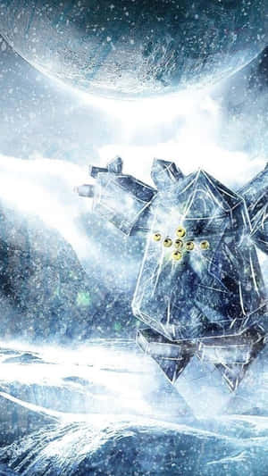 在冰天雪地中，一個發光眼睛的機器人身影，背景是巨大的月亮。 — 卡通 壁紙