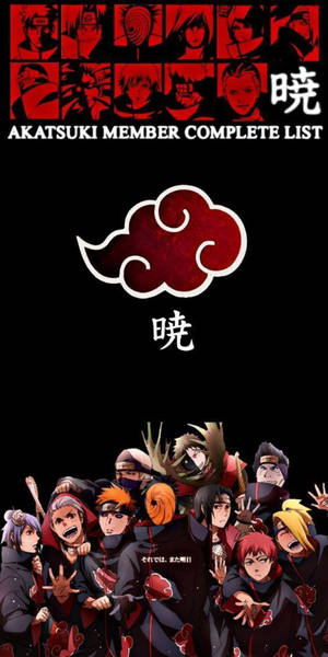 來自火影忍者動漫的曉忍者集團，帶有紅色雲朵標誌和成員肖像。