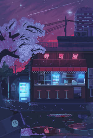 夜晚的像素藝術壽司店，櫻花和霓虹燈在星空下。