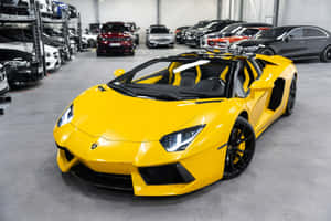 豪華汽車陳列室中的黃色林寶堅尼Aventador開篷跑車。 — 蘭博基尼 壁紙