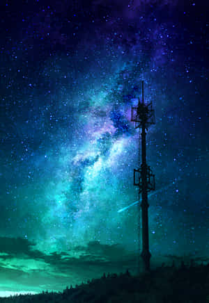 在星光閃爍的宇宙天空下，無線電塔的剪影，伴隨著發光的星雲。
