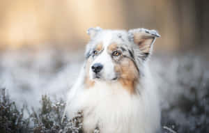 白雪覆蓋的冬季灌木叢中的毛茸茸梅爾澳洲牧羊犬，金色眼睛。
