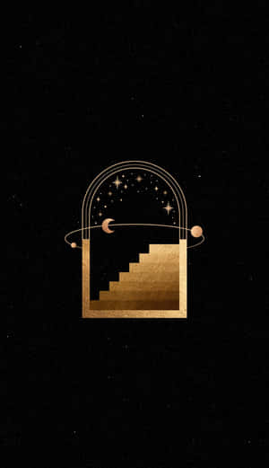 金色樓梯穿過宇宙拱門通往星星，背景為黑色