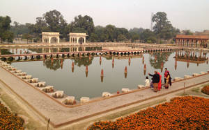 遊客在歷史莫臥兒花園中，沿著大型倒影池旁的石徑漫步，花園裡有橙色花朵。