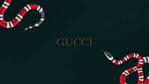 兩條帶圖案的蛇在深綠色背景上框住 Gucci 標誌。