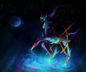 一隻發光的幻想生物，帶有金色尖刺，站在旋轉星雲上，藍色月亮下。