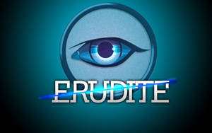 一個風格化的眼睛標誌，帶有發光藍色文字的單詞 ERUDITE。 — 怪異核心 壁紙