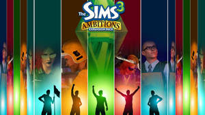 Sims 3 Ambitions 擴充包封面，帶有色彩繽紛的垂直條紋和慶祝的剪影。