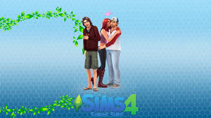 三個 Sims 角色分享浪漫時刻，頭上有心形圖案。