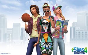 三個 Sims 角色在城市環境中拿著籃球和雜誌。