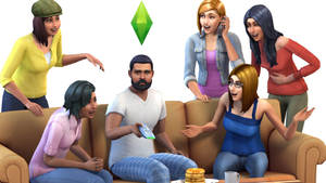 六個 Sims 角色在沙發周圍（有薄餅和電視遙控器）表現出驚訝的反應。