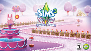 來自《The Sims 3 Katy Perry Sweet Treats》的粉紅糖果世界，設有紙杯蛋糕小徑和兔子噴泉。 — 電腦 GIF 壁紙