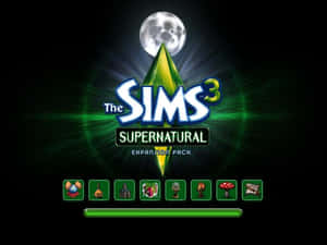 《The Sims 3 Supernatural》資料片標誌，帶有綠色光芒和滿月。 — 電腦 GIF 壁紙