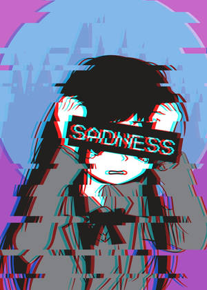 動漫女孩抱著頭，「SADNESS」橫幅以故障效果遮住她的眼睛。