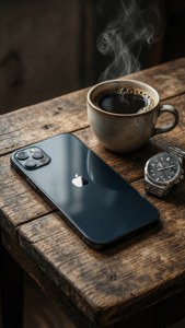 黑色iPhone、咖啡杯和手錶放在經風化的木桌上。