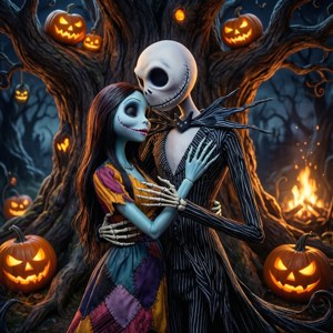 Jack 和 Sally 喺一棵有發光南瓜嘅樹下擁抱，喺一個黑暗嘅森林入面。