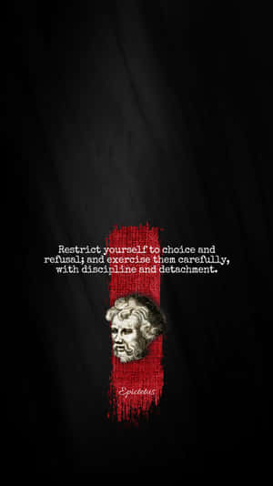 Epictetus 名言在黑色背景上，帶有紅色紋理垂直條紋和古典半身像。