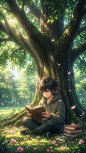 年輕的動漫男孩在一棵大樹下看書，粉紅色的花瓣飄落。