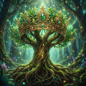 一棵戴著珠寶皇冠的神奇樹木，在閃閃發光的魔法森林中。 — 皇冠 壁紙