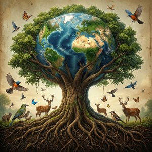 以地球儀為樹幹，周圍有動物飛翔和站立的樹。