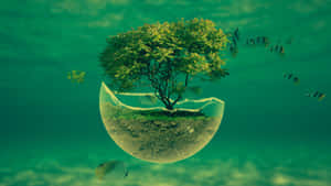 水下玻璃穹頂中的樹和游動的魚