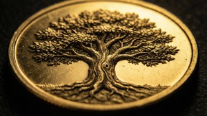 金幣帶有浮雕樹木設計，顯示樹根和樹葉