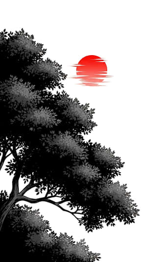 黑白樹影襯托水面上的紅色太陽 — 樹 壁紙