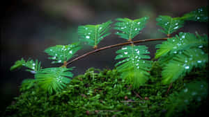 露珠在苔蘚覆蓋的森林地面上，於鮮豔的綠色蕨葉上閃閃發光。