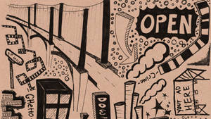 手繪城市草圖，帶有「OPEN」標誌煙霧和塗鴉覆蓋的建築物。