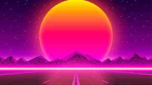 霓虹粉紅太陽在幾何山脈上，星空下發光的網格道路