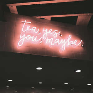 在昏暗的房間裡，一個寫著 tea yes you maybe 的粉紅色霓虹燈牌。 — 霓虹美學 壁紙