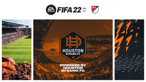 FIFA 22 遊戲封面，帶有侯斯頓戴拿模FC品牌和球場視覺效果。